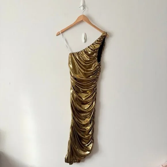 Lulus Reflections Of Style Shiny Gold One-Shoulder Bodycon Mini Dress Size XS - Picture 7 of 10